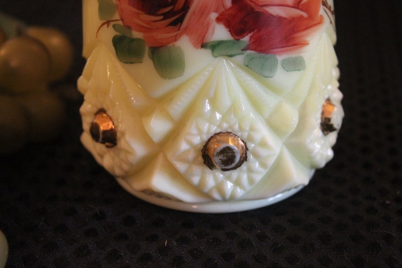 AKA Diamond /& Peg Star Pattern EAPG Antique Jefferson Custard Glass Spooner Vase with Hand Painted Roses and Mother 1917