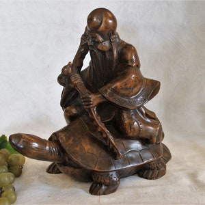 Fantastic Chinese 10.5&quot; Carved Wooden Sculpture - God of Longevity on Turtle
