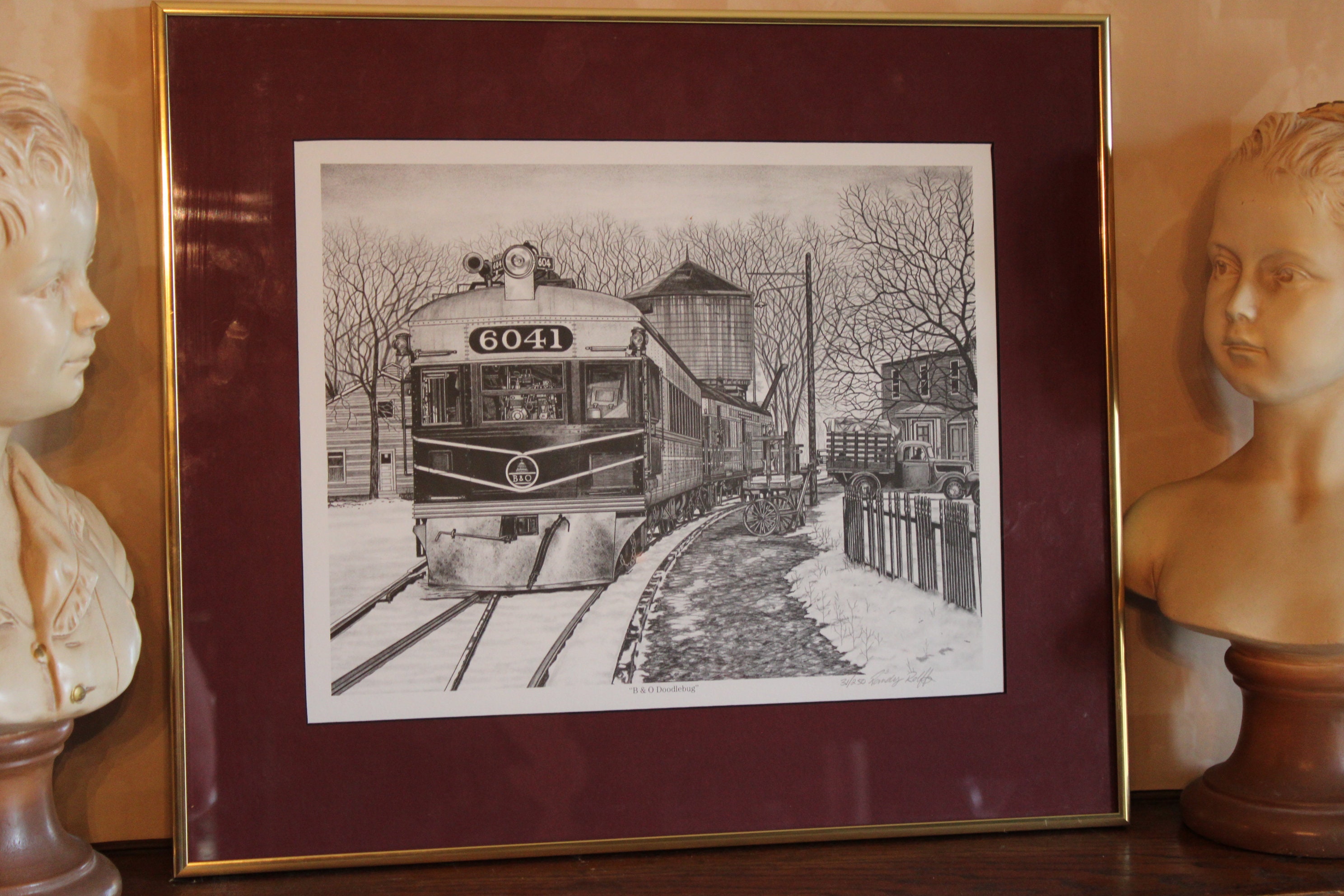 B&O Railroad Doodlebug Framed Pencil Sketch Lithograph by