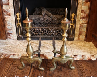 Vintage Brass 19" Fireplace Andirons - Federal Style, Marked 1928
