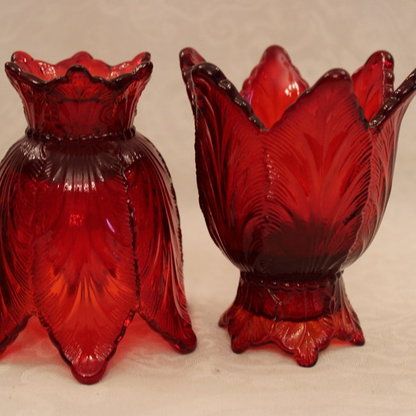 Pair of Fenton Ruby Red Glass Two Way Votives or Taper Candle Holders - Tulip Design, Excellent Condition!