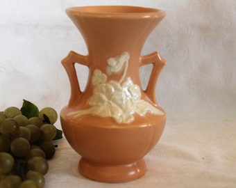 Antique Weller Pottery Cameo 6.5" Vase - Peach Color with White Roses or Flowers