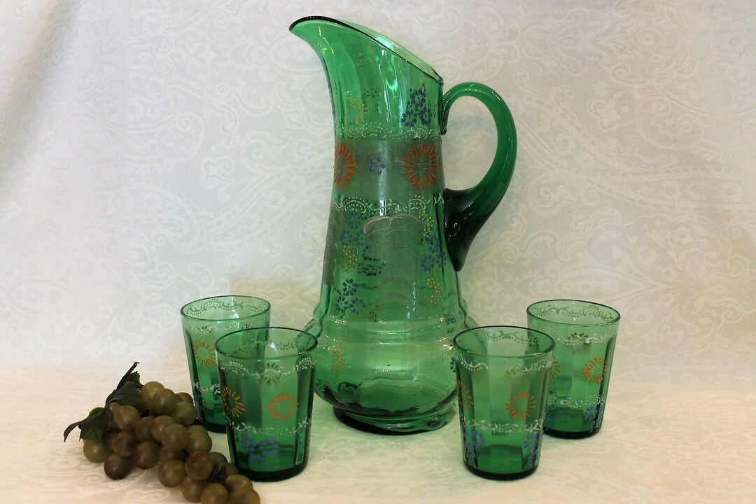 Antique Northwood Glass Lemonade Pitcher Set With 4 Tumblers Hand