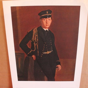 May include: A painting of a young person wearing a dark blue uniform with gold trim and a black cap. The person is standing in front of a red background.