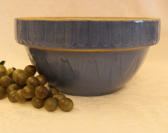Antique Ruckel Pottery 10" Kitchen Mixing Bowl - Picket Fence Pattern, Primitive Stoneware, Blue