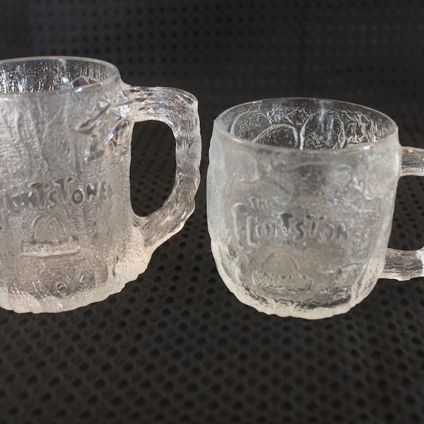 Pair of 1993 McDonald's Collector Glass Mug - Flintstones Rocky Road Mug and Treemendous Mug, Excellent Condition