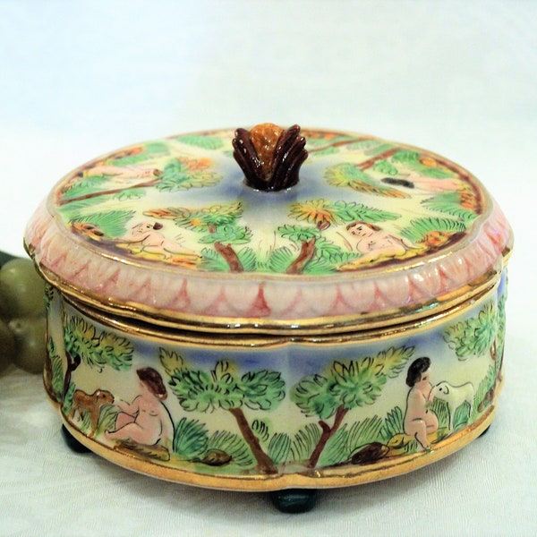 Vintage Capodimonte #740/218 Covered Candy Box with Paneled Scenes