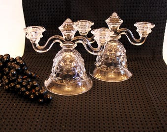 Set of 2 Fostoria Glass Double Light Candle Holders - American Pattern, Excellent Condition