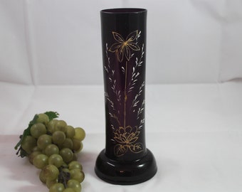 Beautiful Antique Bohemian Glass Amethyst 8.5" Cylinder Vase with Hand Painted Enamel Floral Design - Excellent Condition