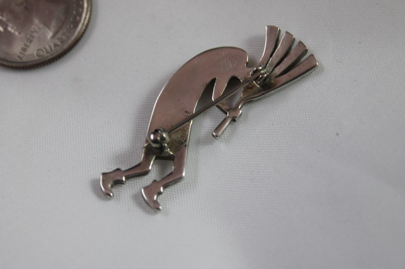 Vintage Native American Sterling Silver Kokopelli Brooch or Pin with Onyx and Fire Opal Inlay Signed Sterling