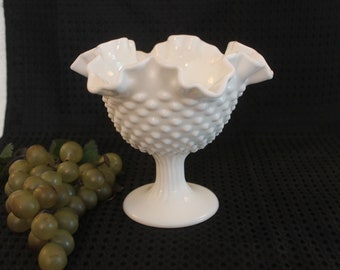 Fenton White Milk Glass White Hobnail Ruffled Footed Compote or Candy Dish in Excellent Condition