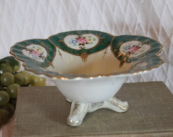 Hand Painted Porcelain Three Toed Bowl - Green with Pink Roses and Gold Gilding, L&M Inc.