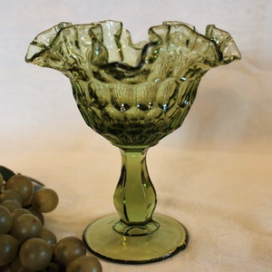 Fenton Art Glass Thumbprint Ruffled 6&quot; Compote or Pedestal Bowl - Colonial Green
