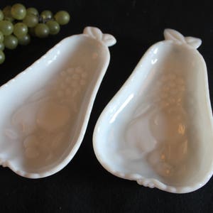 Set of 2 Hazel Atlas Vintage White Milk Glass Pear Pattern Shallow Bowls or Candy Dishes