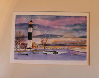 Beautiful Watercolor Lithograph of Lighthouse on the Beach - 12" by 16" with Matting