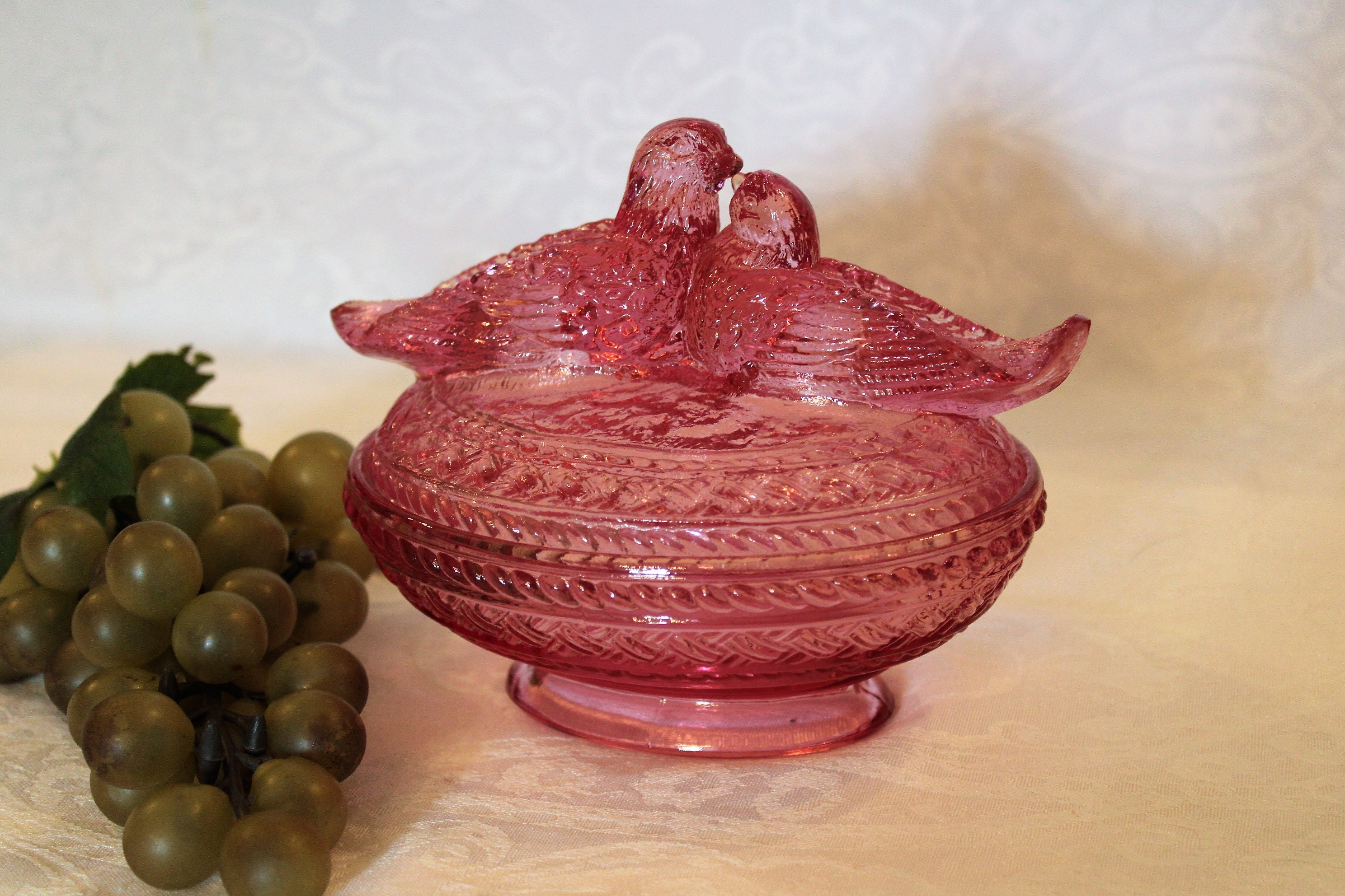 Viking Thistle Pink Glass Love Birds on Nest - Yesteryear