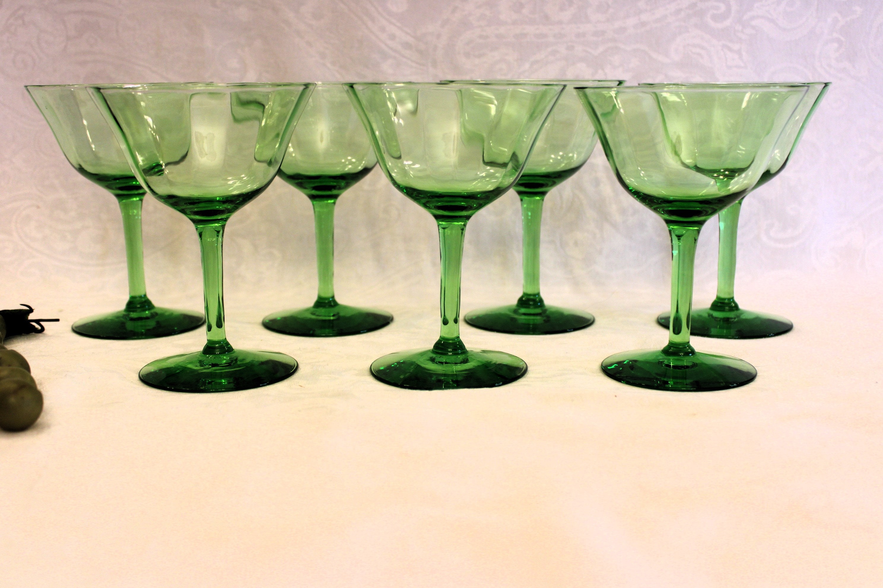 Set of 7 Green Depression Glass Champagne Glasses / Sherbet Cups