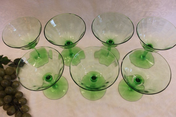 Set of 7 Green Depression Glass Champagne Glasses / Sherbet Cups