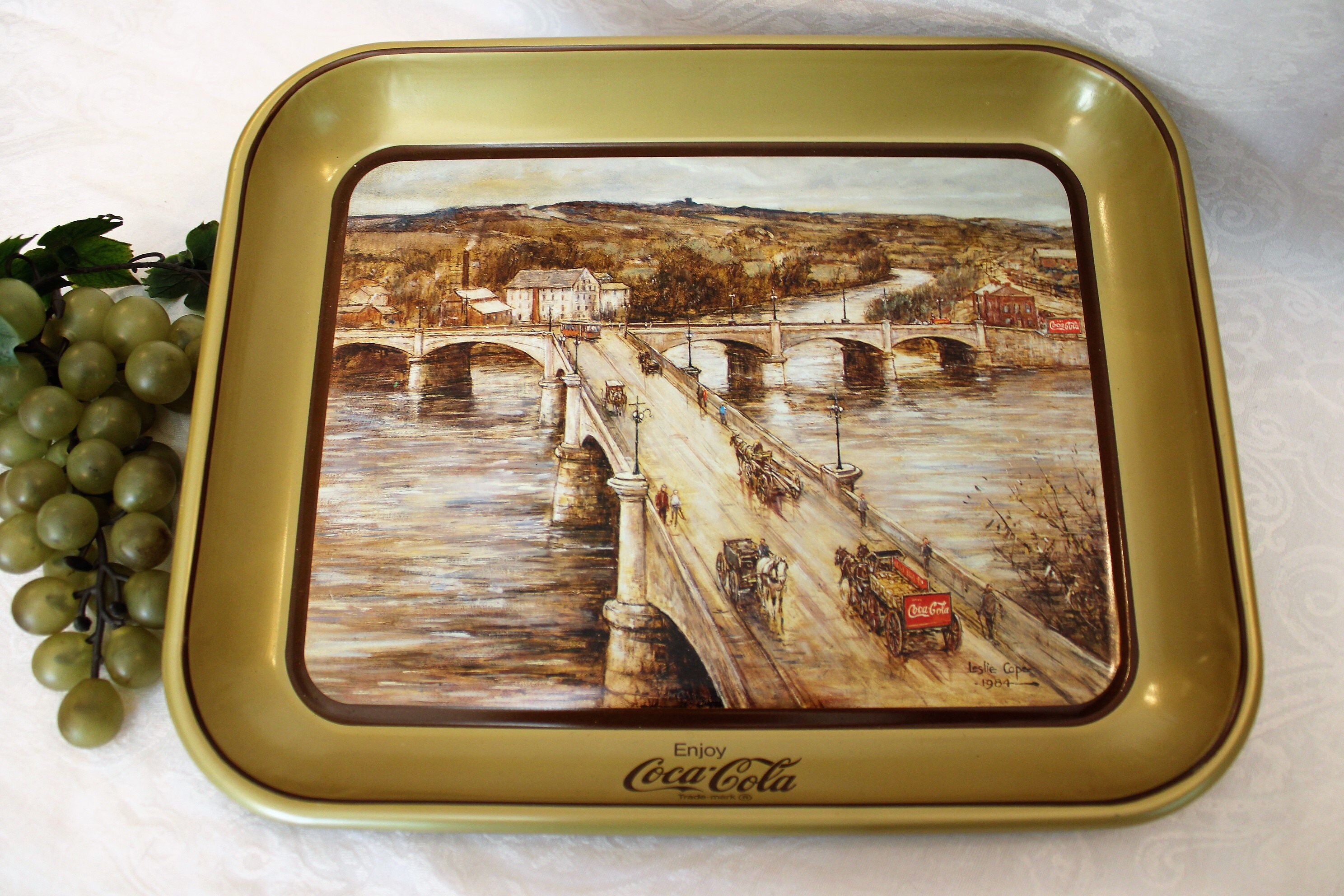 1984 Coca-cola Leslie Cope Collector Tray Featuring the Famous Y 1984 Coca-cola Leslie Cope Collector Tray Featuring the Famous Y