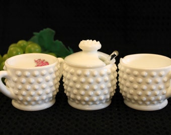 Fenton White Milk Glass Hobnail Small Individual Size Creamer, Sugar Bowl, and Mustard Jar with Lid and Glass Spoon