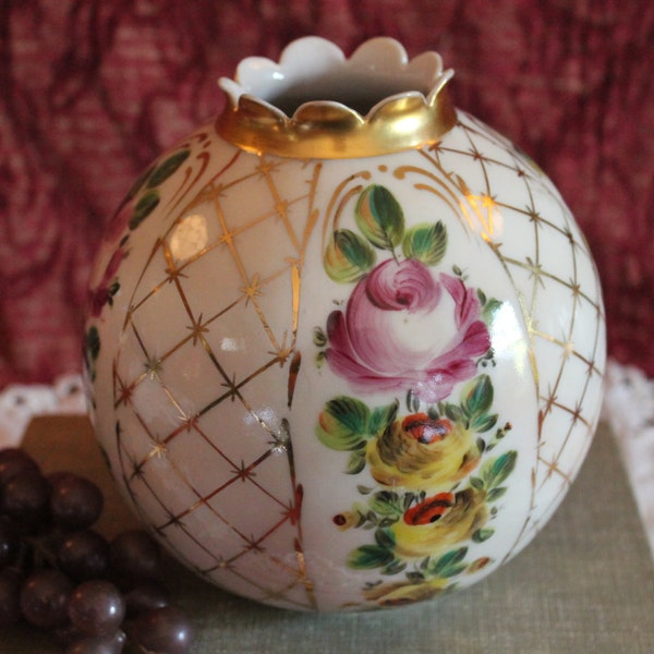 Antique Porcelain 5.75" Ball Lamp Globe adorned with Roses and Gold Gilding - Replacement Shade for Oil Lamp