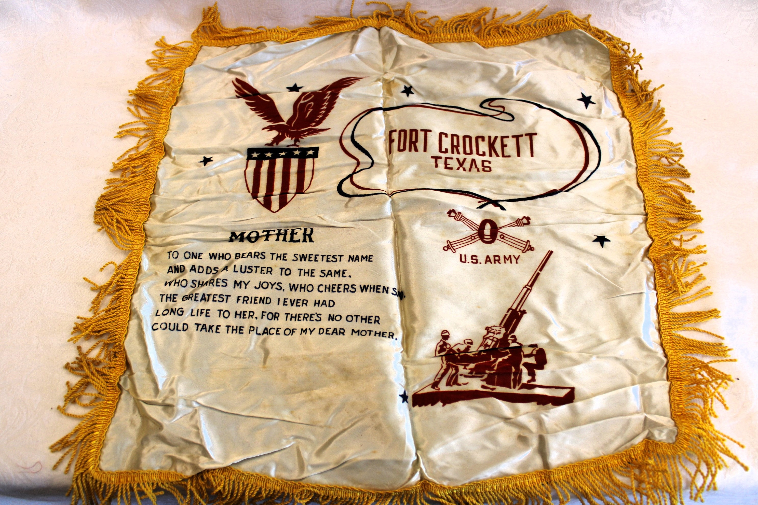 1940's Fort Crockett, Texas US Army Military Pillow Cover Souvenir