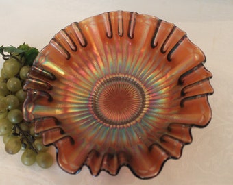 Antique Fenton Glass Amethyst Carnival 9" Three-in-One Crimped Bowl - Stippled Rays Pattern, Excellent Condition