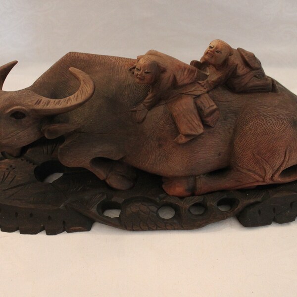 Large Carved Wood Chinese Ox with Two Boys on Back - Includes Carved Base, 15.5" by 6.5" wide by 5.5" tall