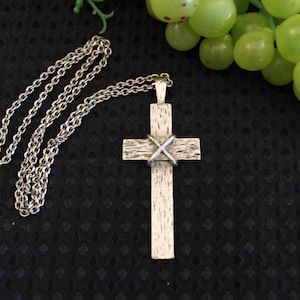 Beautiful Silver Tone Religious Cross - Metal to Look Like Lashed Wood Timbers on a 23&quot; Silver Tone Chain