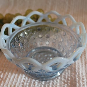 Imperial Glass Blue Opalescent Open Lace Bowl - Sugar Cane Pattern