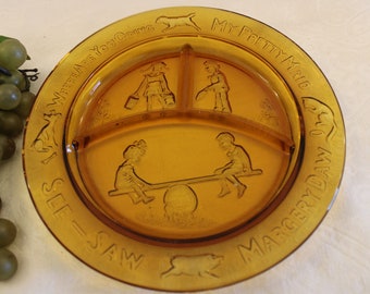 Tiara Indiana Amber Glass Nursery Rhyme Divided Childs Plate - Margery Dew, See-Saw, My Pretty Maid, Excellent Condition