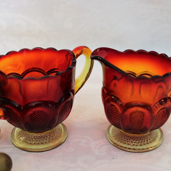 Vintage Amberina Glass Sugar Bowl and Creamer Set - Texas Loop with Stippled Center, Excellent Condition