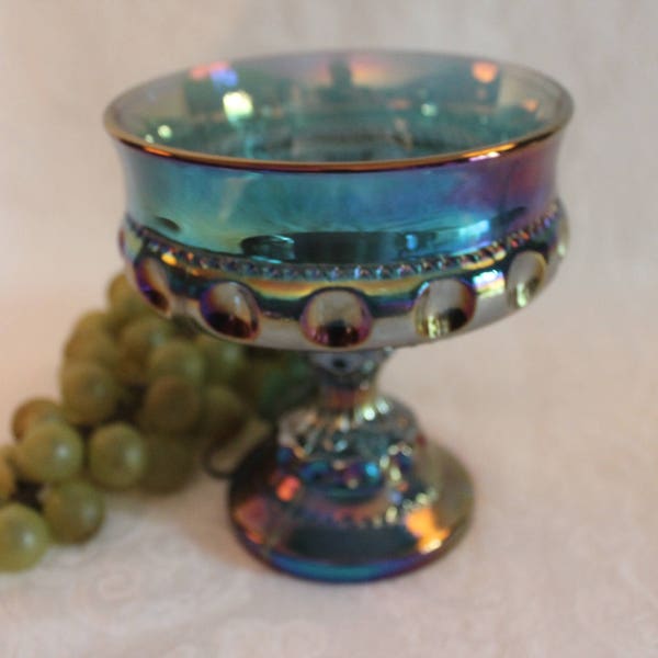 Indiana Blue Carnival Glass Pedestal Bowl Compote- King's Crown Thumbprint, Excellent Condition