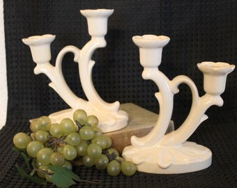 Pair of Weller Pottery Double Candle Holders in Ivory Color Circa 1928