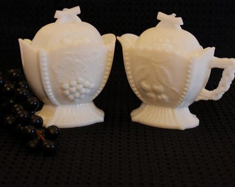 Westmoreland White Milk Glass Covered Creamer and Sugar Bowl Set - Cherry & Grape Pattern
