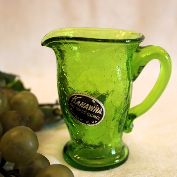 Vintage Green Crackle Glass 3.25" Mini Pitcher or Vase - Kanawha Glass, Excellent Condition with Original Label