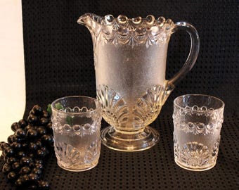 Circa 1893 Westmoreland Glass Water Pitcher and Two Tumblers - Victor AKA Shell & Jewel Pattern, EAPG