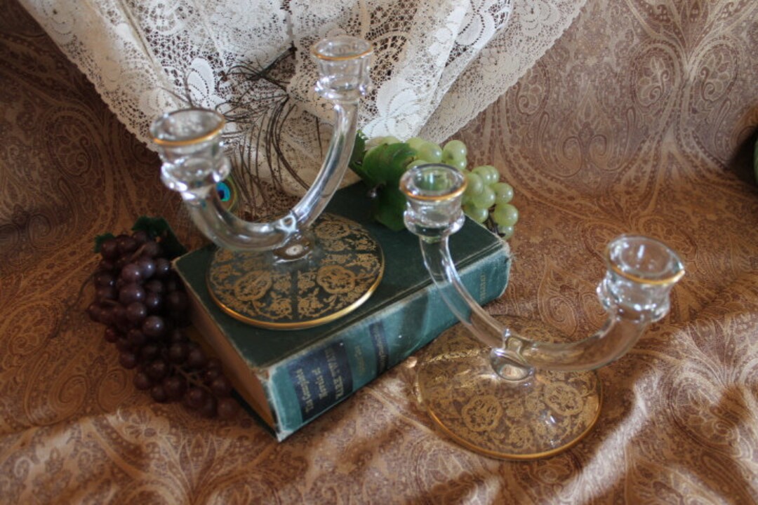 Glastonbury Lotus Glass Bridal Bouquet Gold Overlay Double Candlestick