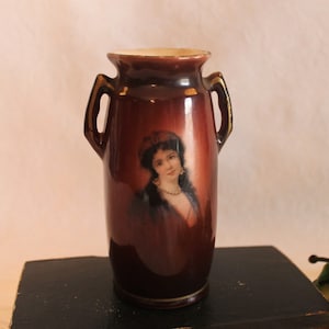 Antique Czech 5.5&quot; Ceramic Vase adorned with a Beautiful Portrait of a Young Lady