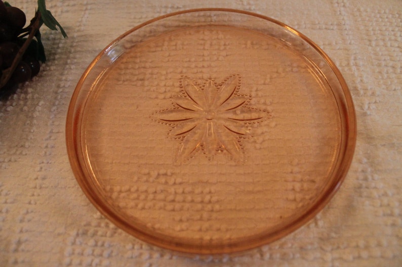 Pink Depression Glass 7.5 Hot Plate or Trivet with Single Beaded Flower Center Medallion