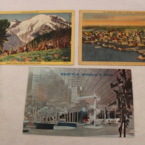 Lot de 3 cartes postales souvenirs de la région de Seattle - Parc national Rainier, exposition universelle de Seattle et vue en avion de Seattle