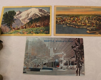 Vintage Lot of 3 Seattle Area Souvenir Postcards - Rainier National Park, Seattle World's Fair, and Aeroplane View of Seattle