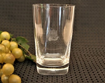 Vintage Orrefors Crystal 5 1/8" Tumbler with Mast Ship Cut Glass Design - Square Base and Round Top, Excellent Condition