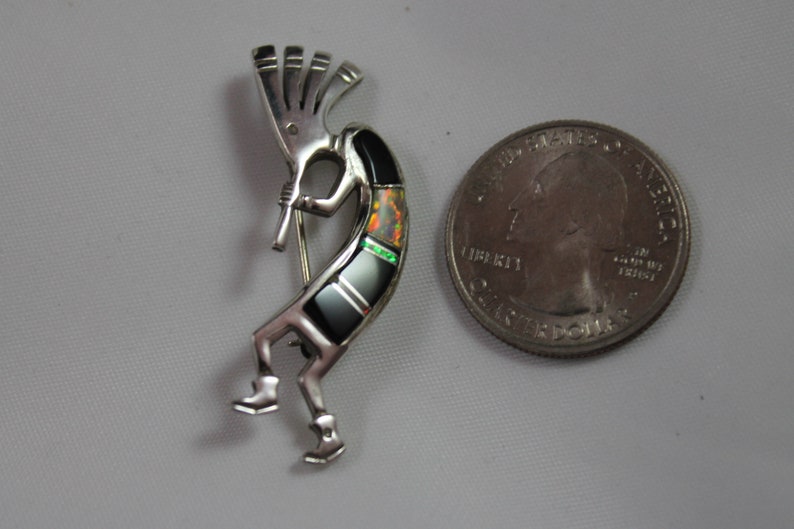 Vintage Native American Sterling Silver Kokopelli Brooch or Pin with Onyx and Fire Opal Inlay Signed Sterling