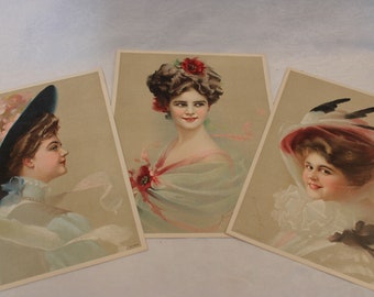 Set of 3 Ladies' Portraits - Gray Lithograph Company No. 106, Copyright 1910, 10" by 12.75"