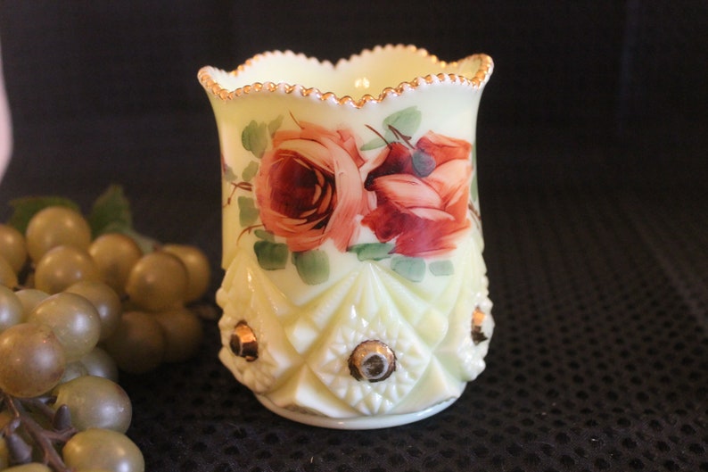 AKA Diamond /& Peg Star Pattern EAPG Antique Jefferson Custard Glass Spooner Vase with Hand Painted Roses and Mother 1917