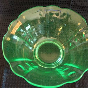 Antique Paden City Uranium Green Depression Glass Serving Bowl - Archaic #300 Paneled Circle Dot Pattern