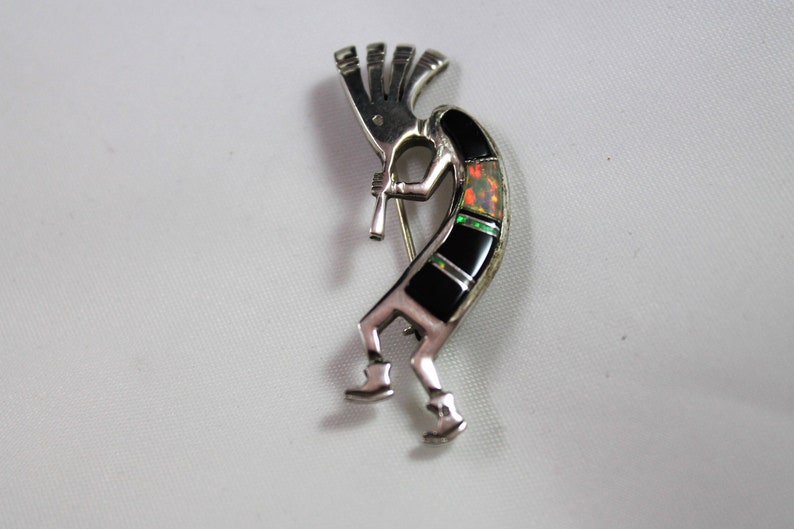 Vintage Native American Sterling Silver Kokopelli Brooch or Pin with Onyx and Fire Opal Inlay Signed Sterling