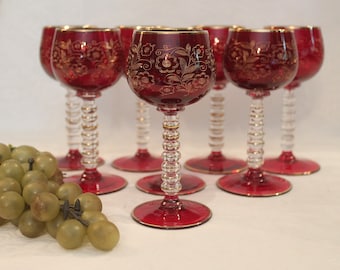 Set of 8 High Quality Ruby 4 Oz Apertif or Cordial Glasses with Gold Needle Etch Floral Design - Moser Glass Stemware?  Excellent Condition