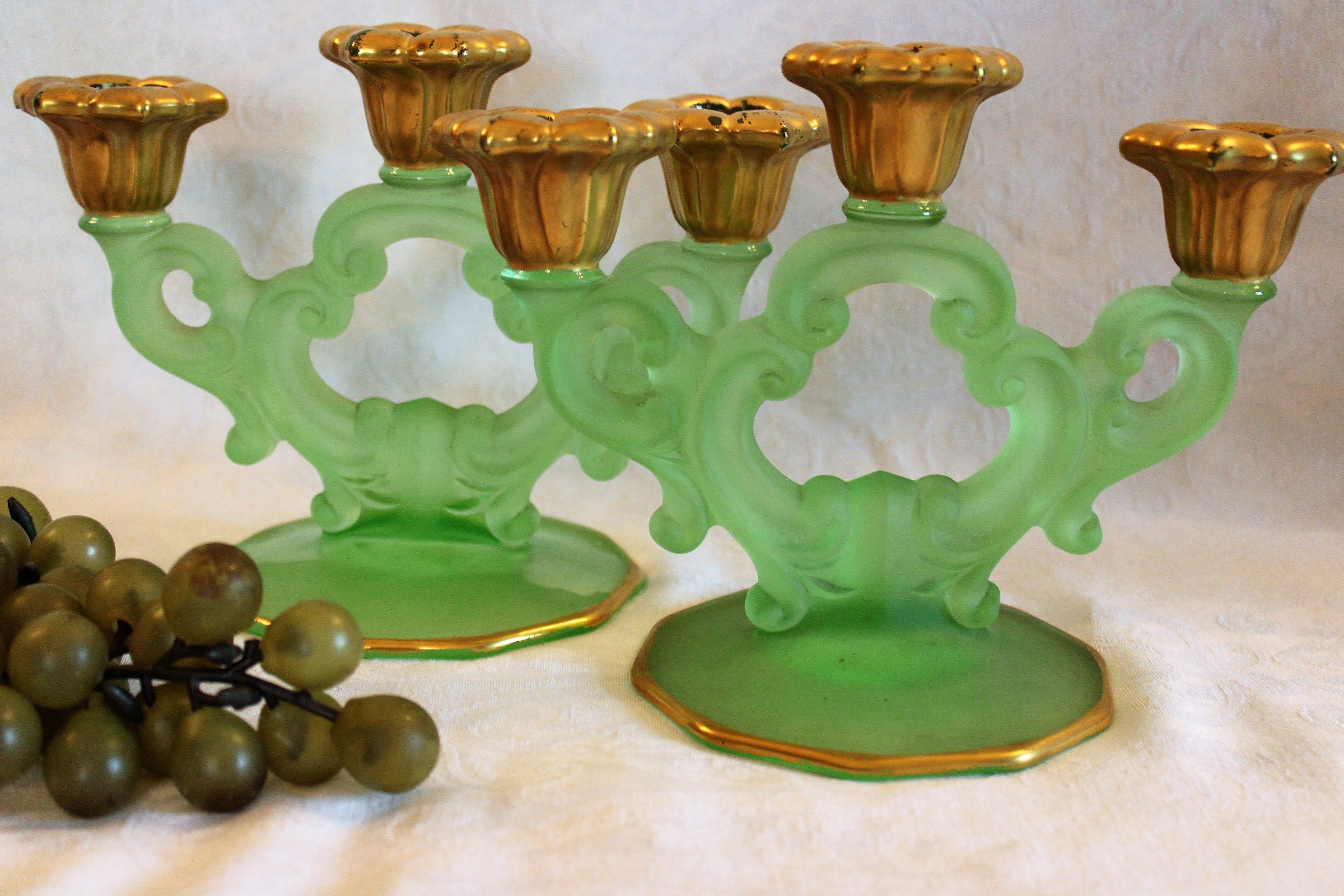 Rare Cambridge Satin Uranium Glass Keyhole 2 Light Candle Holders